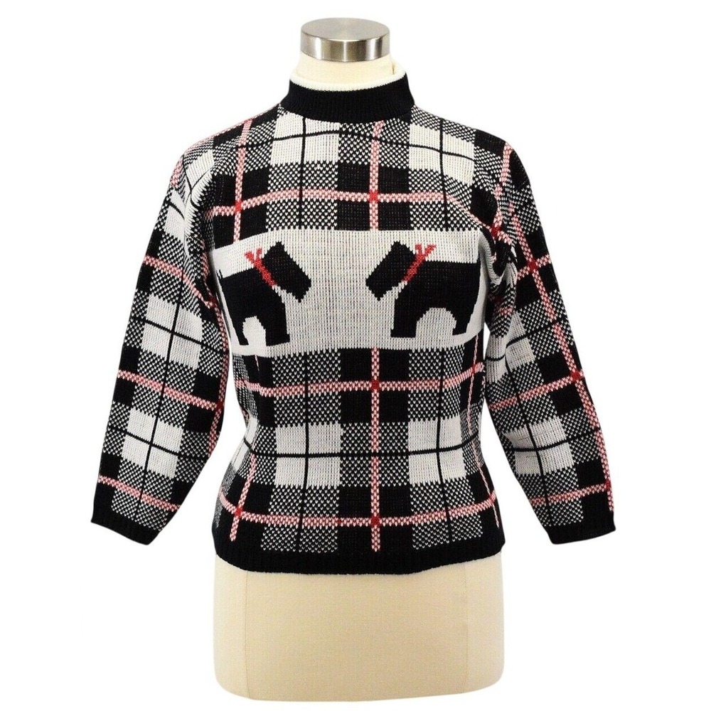 70s Vintage Womens M Sweater Scottie Dog Plaid Mock Neck Novelty Black Red Knit